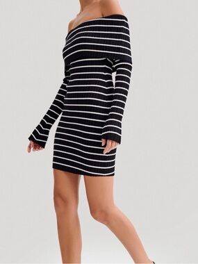 Meshki Off-Shoulder Black and White Striped Knit Dress